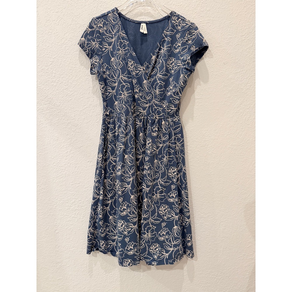 Pact Organic Cotton Floral Wrap Dress Navy Blue M Casual Cottagecore Coastal
